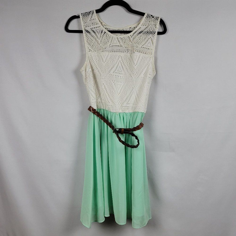 A. Byer mixed media crochet top chiffon bottom mint skirt belted cutout